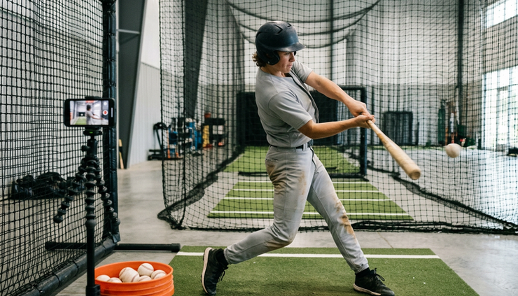Wide-angle view of a young baseball player taking a swing in a batting cage.