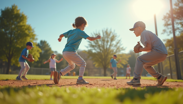 Eye-level view of a baseball field with children playing and running during a PE class