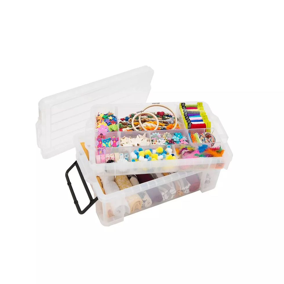 Open clear plastic craft organizer with colorful yarn, pom-poms, feathers, and sewing threads. Divided compartments on a white background.