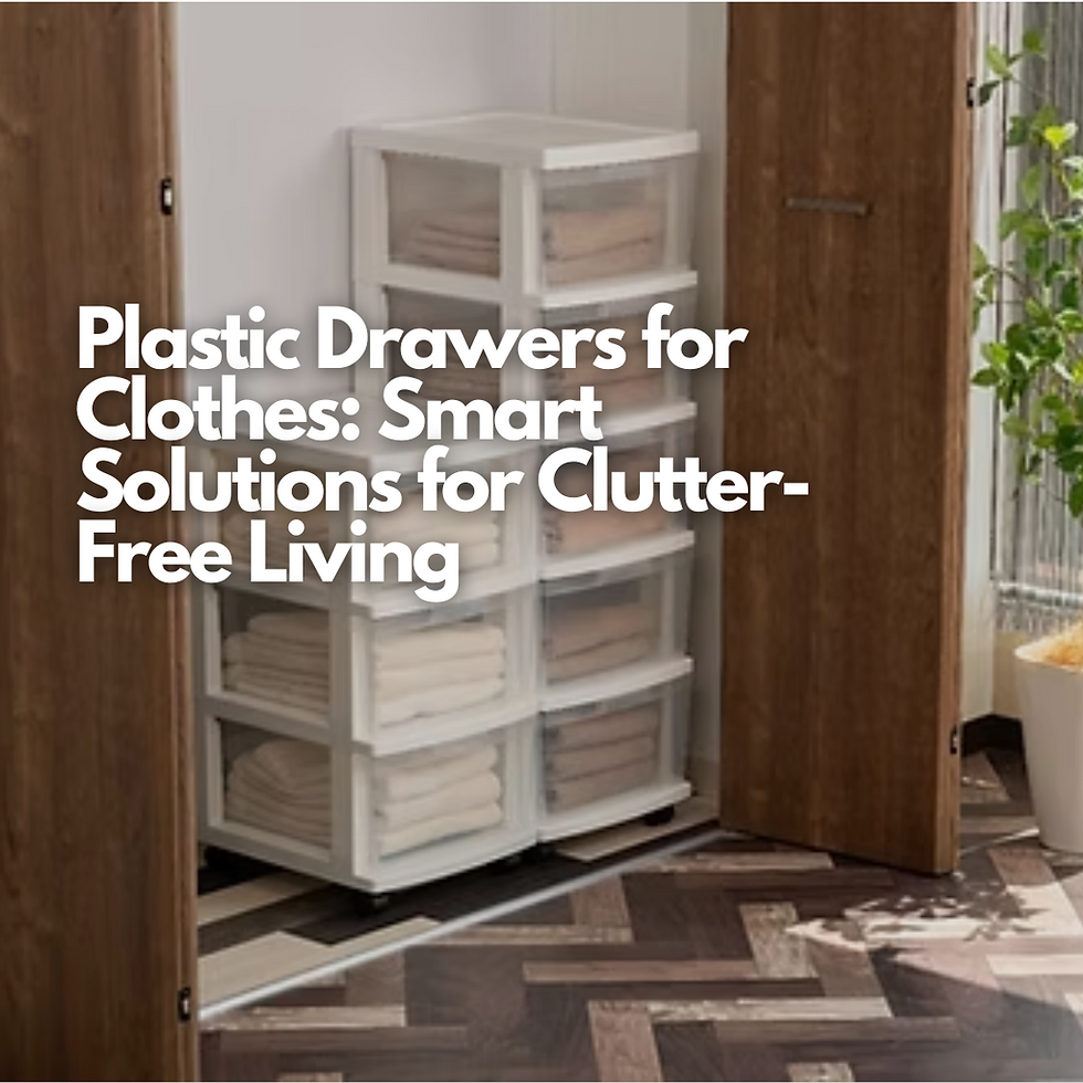 Plastic drawers filled with clothes in a room with wood flooring and plants. Text: Plastic Drawers for Clothes: Smart Solutions for Clutter-Free Living.