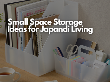 Organizers with books, scissors, and markers on a wooden desk. Text: Small Space Storage Ideas for Japandi Living. Neutral tones.