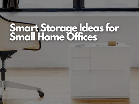 White storage unit and office chair on wooden floor. Text: Smart Storage Ideas for Small Home Offices. Bright, minimalist room.