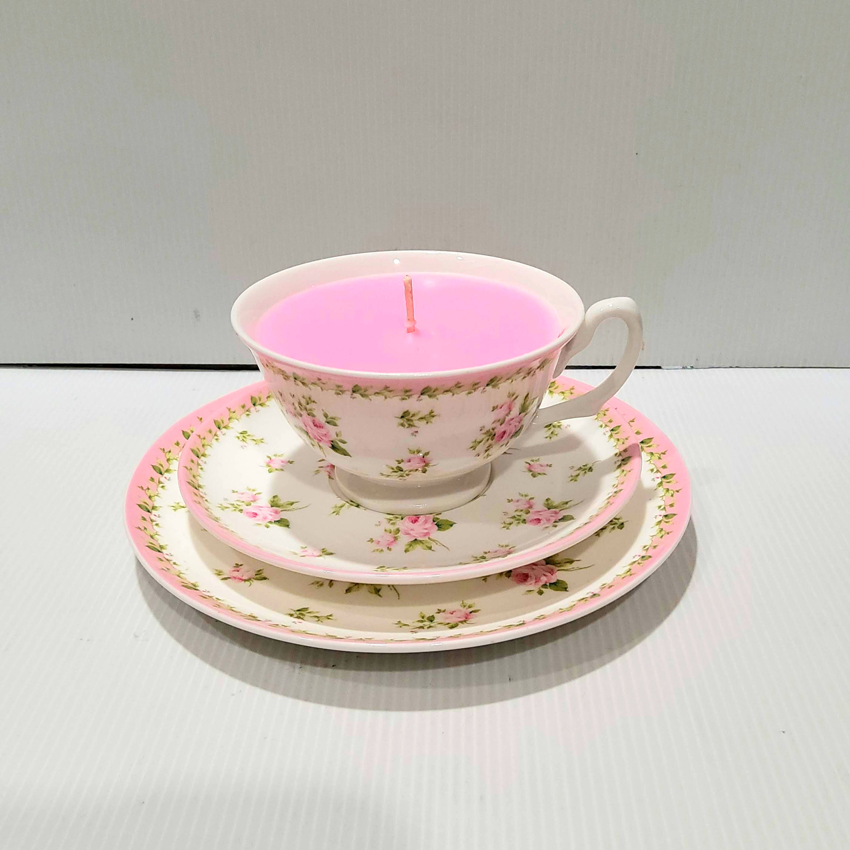 Teacup Candle - Pink Roses Fine Bone China - Soy Candle - White Lily & Aloe