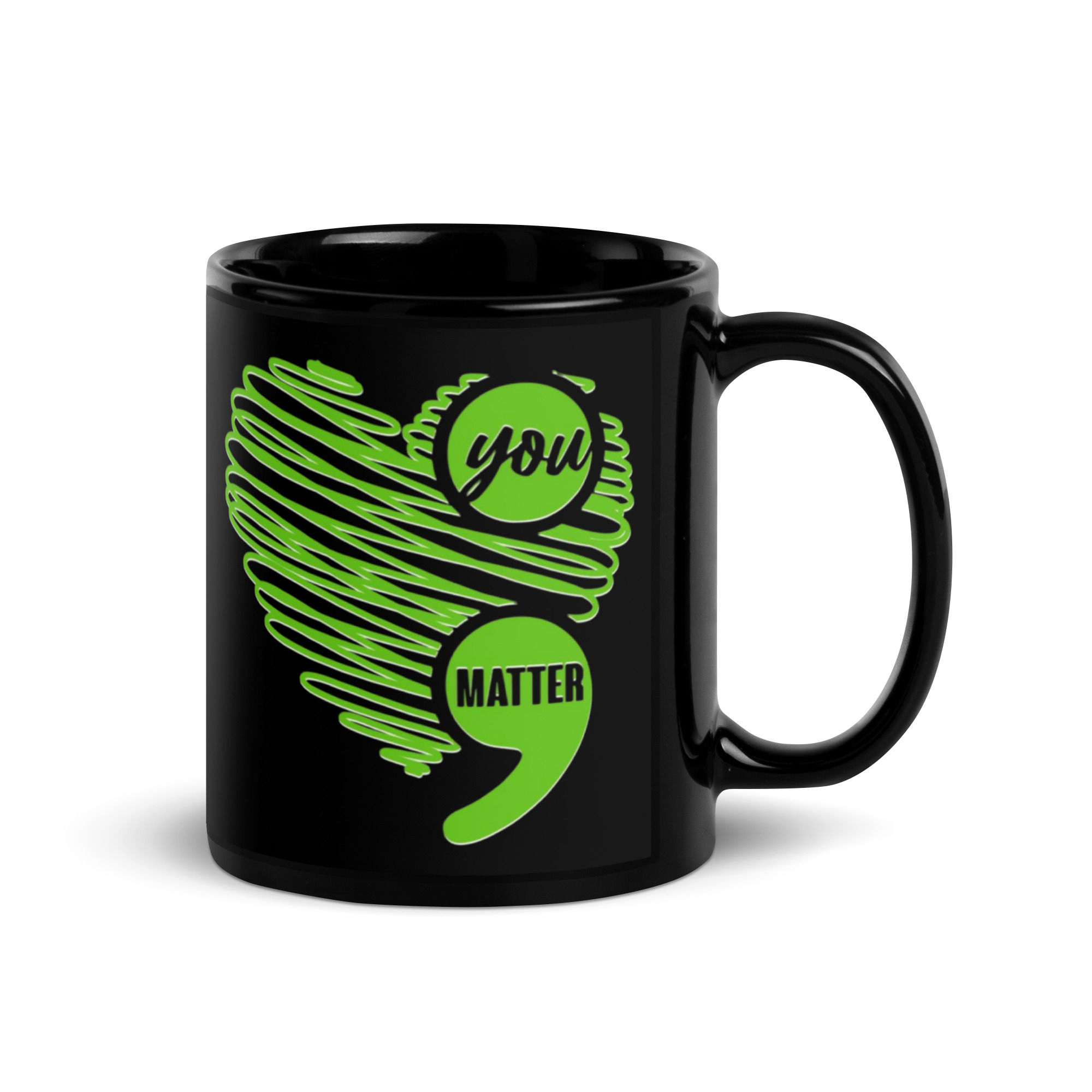 Green Heart You Matter Semicolon Black Glossy Mug