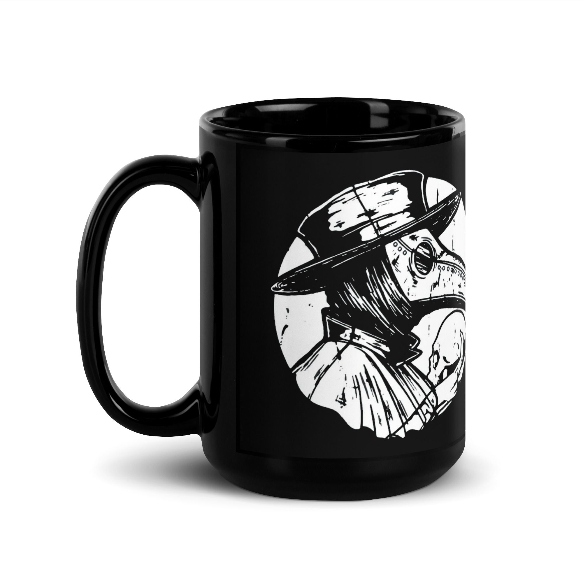Plague Doctor with Skull Black Glossy Mug 15 oz