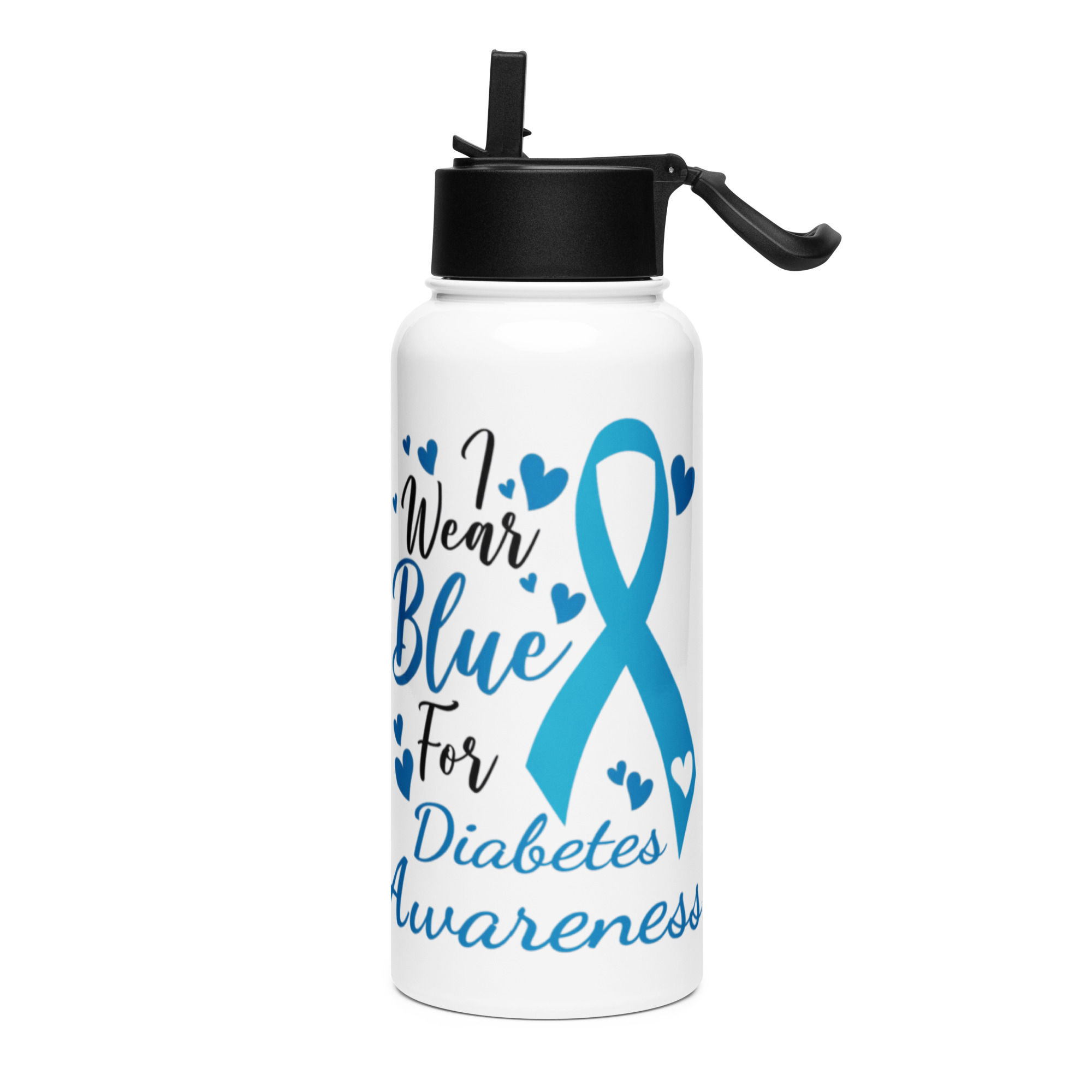 I Wear Blue For Diabetes Awareness Stainless steel water bottle with a straw lid