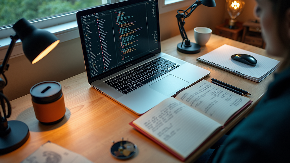 High angle view of a vibrant workspace with tech products