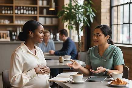 pregnant woman meeting with her doula in a local coffee shop