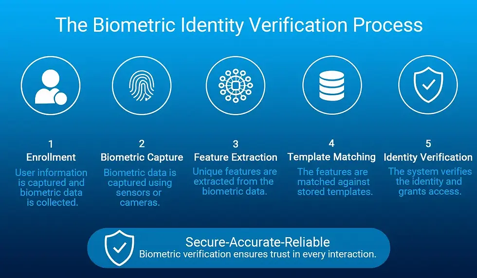 Biometric identity verification workflow showing enrollment, biometric capture, feature extraction, template matching, and identity verification