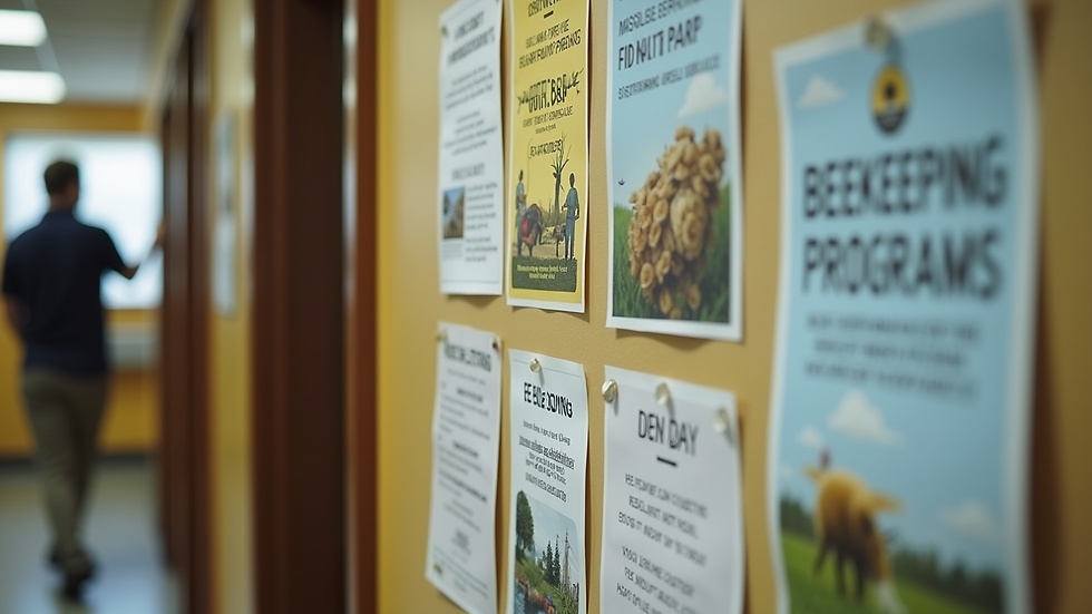 High angle view of a government office bulletin board with beekeeping program flyers