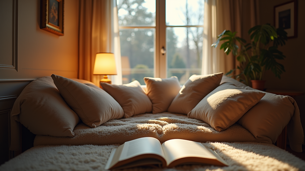 Eye-level view of a cozy reading nook with soft cushions and warm lighting