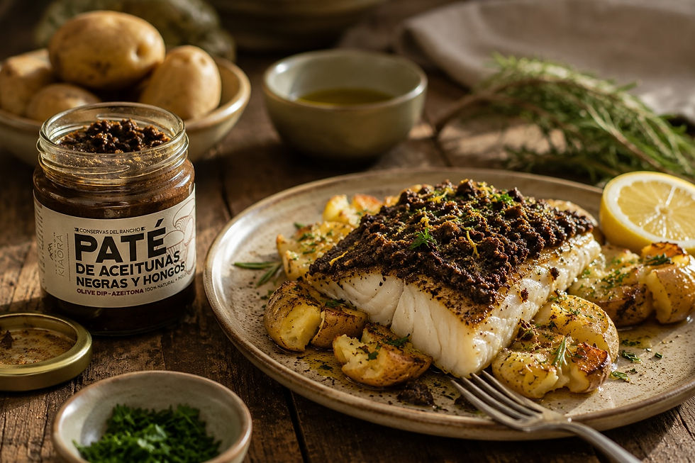 Merluza al horno con costra de aceitunas negras y papa aplastada