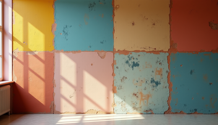 Close-up of a textured wall with mixed patterns and colors in an eclectic interior