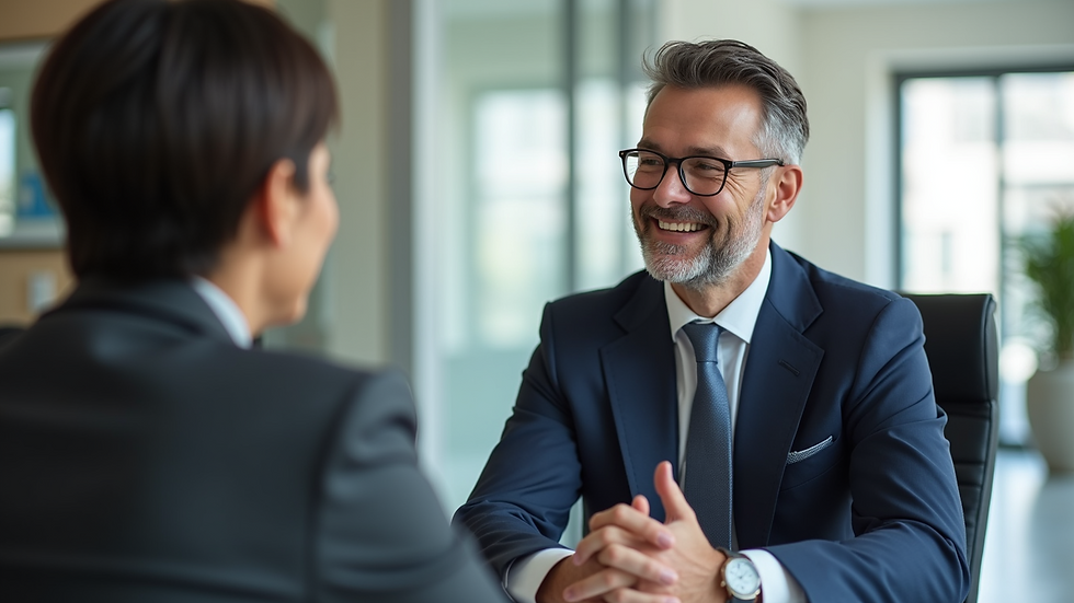 Eye-level view of a friendly insurance agent discussing policies with a client