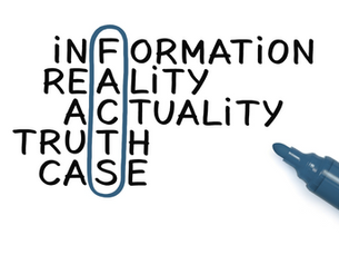 navy marker circling the letters F-A-C-T within Information, Reality, Actuality, Truth, and Case on a whiteboard