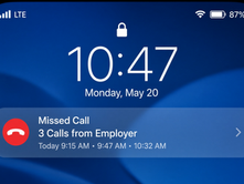 phone lock screen showing a missed-call notification for three calls from an employer