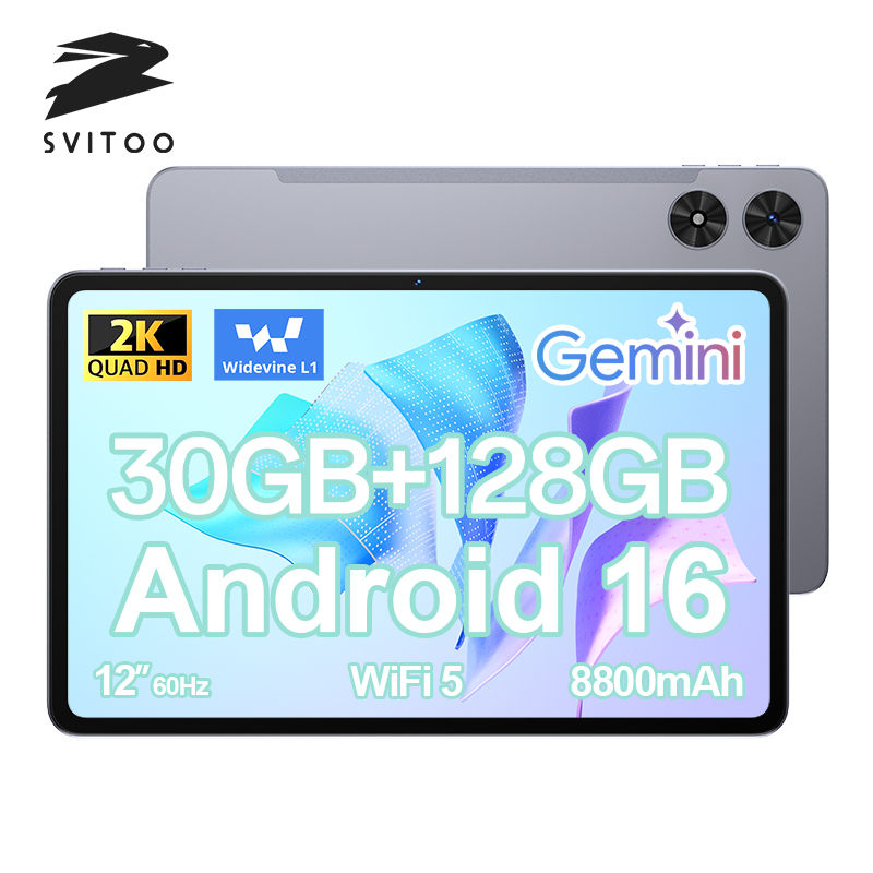 SVITOO Tablet 2026 Android 16 12 Inch 2000 x 1200 2K Display IPS Large Screen Un