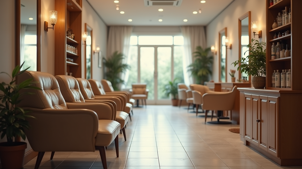 Eye-level view of a cozy waiting area in a beauty salon