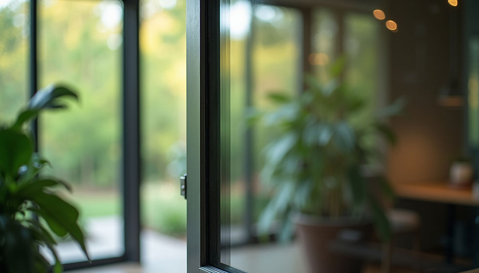 Close-up view of a window with clear glass and a reflection of the surrounding greenery