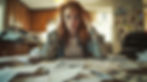 Stressed young woman overwhelmed by papers on a table, messy background.