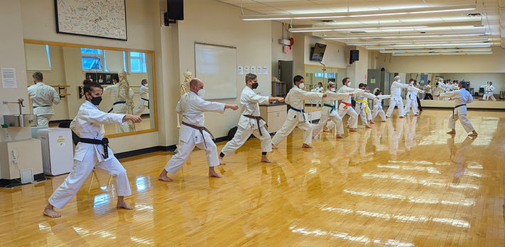 Karate students training gyaku tzuki (reverse punch).