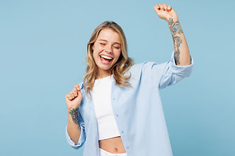 Young smiling happy positive cool woman she wears white top shirt casual clothes raise up