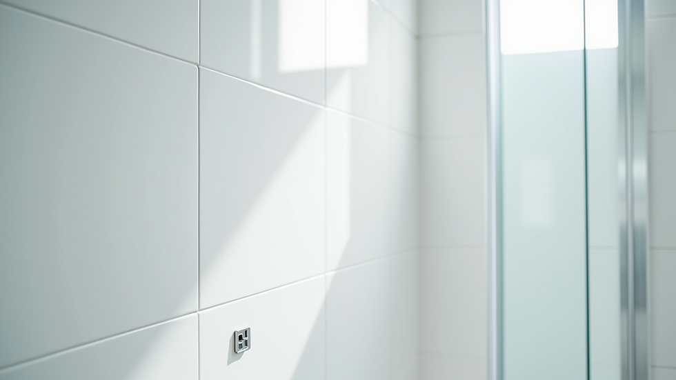 Close-up view of a shower wall with white acrylic panels