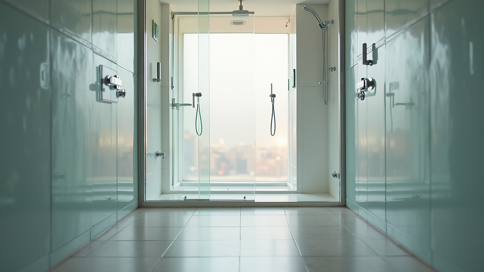 Eye-level view of a modern shower stall with glass doors