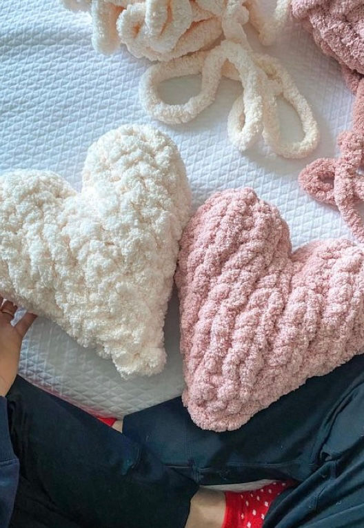 Hand knit Chenille Heart Pillows