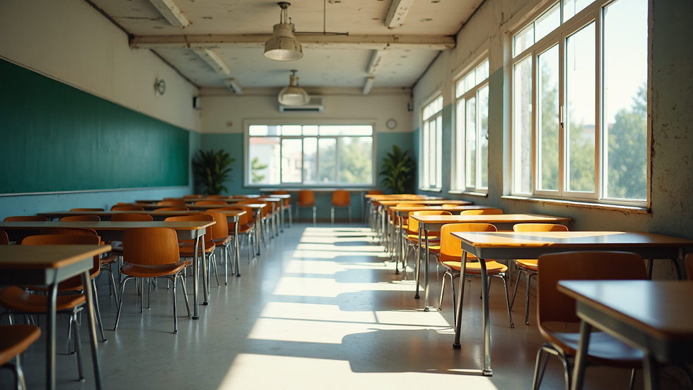 Vista panorâmica de uma escola moderna com áreas de aprendizado ao ar livre