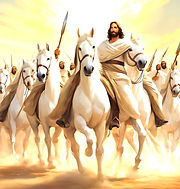 Jesus on white horse with army on white