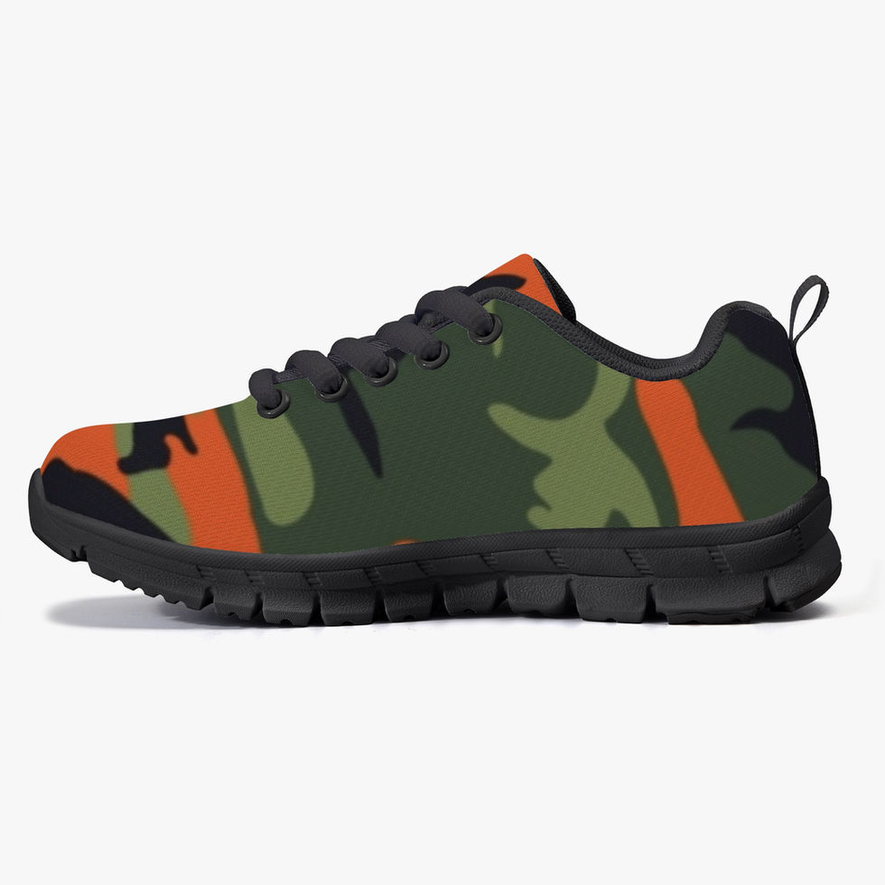 “Go Play kids gym shoes – orange camo sneakers with black sole inside