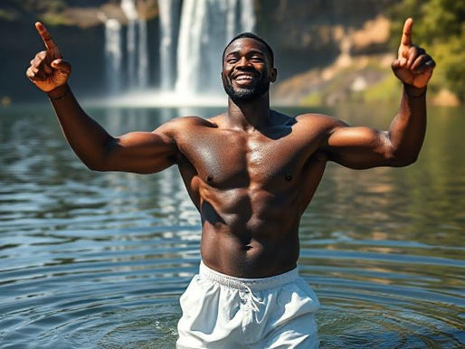 Bahamian Black Man in the lake wearing Bahawear® Men’s Swim Trunks