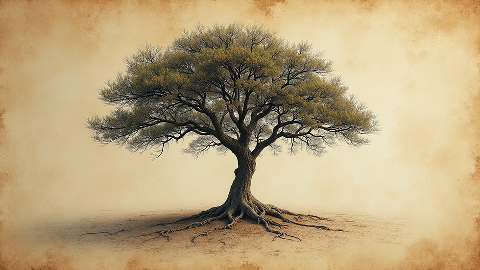 Vista a nivel de ojo de un árbol genealógico dibujado en papel antiguo