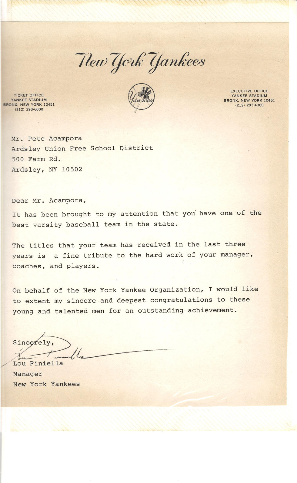 Letter from NY Yankee manager Lou Piniella