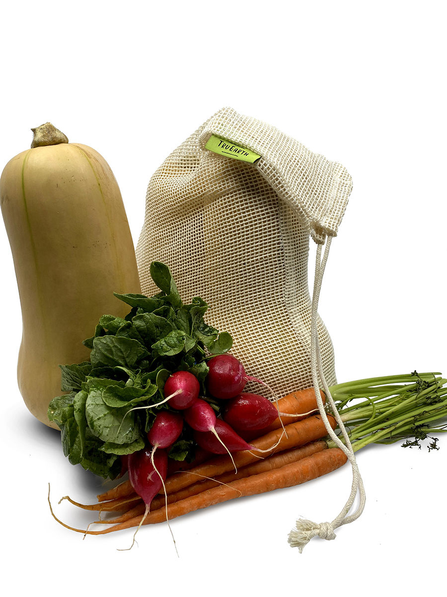 Thumbnail: Eco-friendly reusable and compostable Tru Earth cotton mesh produce bags with vegetables