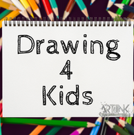 Colorful pencils surround notepad titled "Drawing 4 Kids" and "ARTINK".