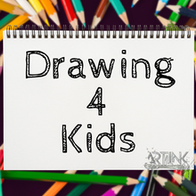Colorful pencils surround notepad titled "Drawing 4 Kids" and "ARTINK".