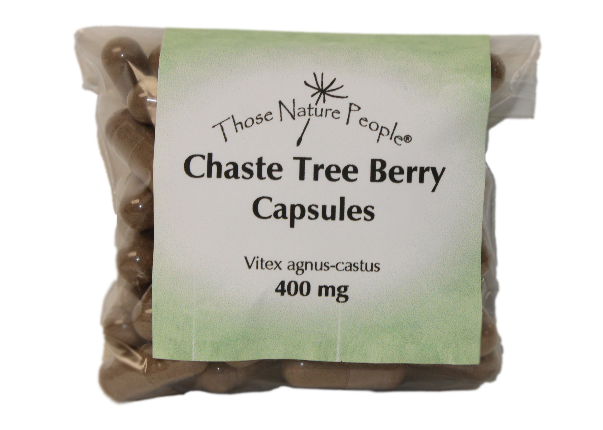 Chaste Tree Berry Capsules in bag facing front