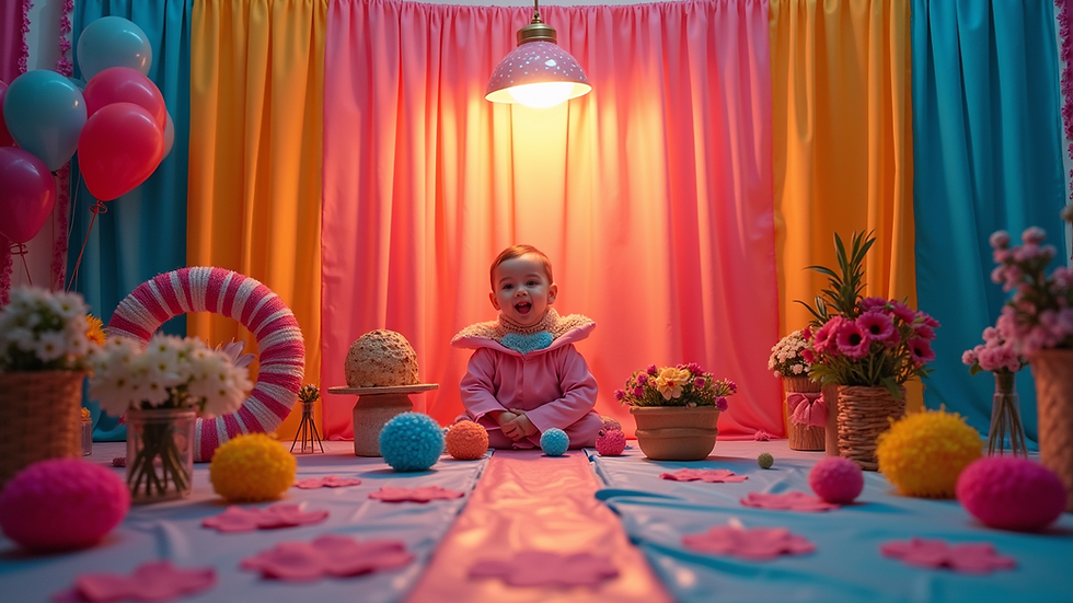 Eye-level view of a colorful photobooth setup with props