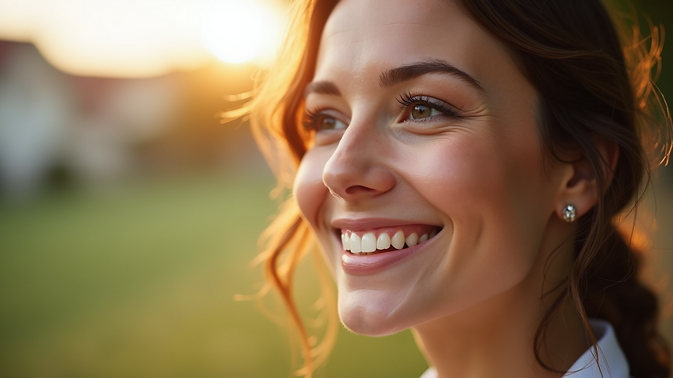 Close-up view of a smiling woman outdoors with natural sunlight