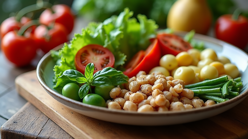 High angle view of a healthy meal with fresh vegetables and fruits