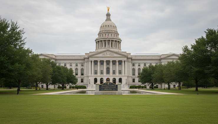 Eye-level view of a state capitol building across an open lawn on a cloudy day