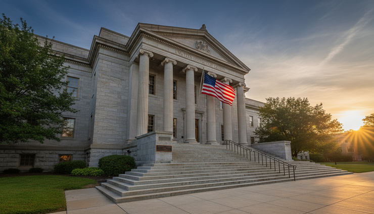 Wide-angle view of courthouse steps at sunrise with the American flag in the background