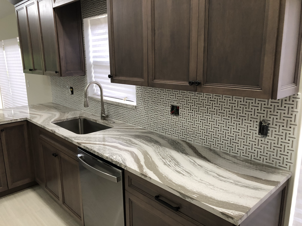 Creamy base Quartz Countertops installation Cambria Fairbourne