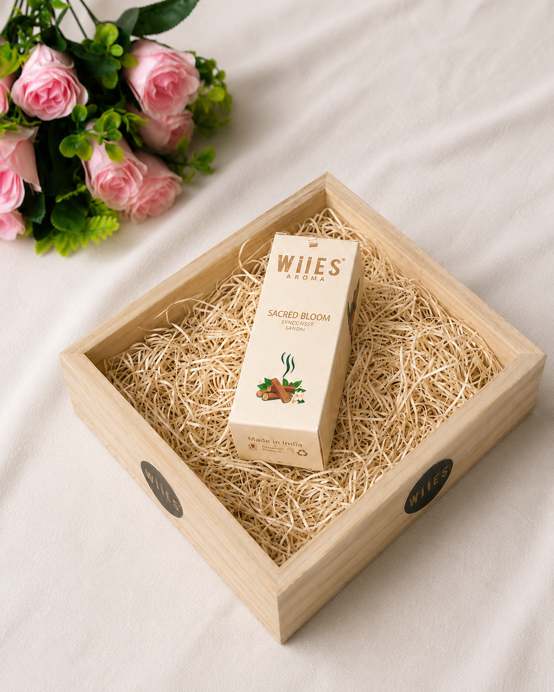 The Timeless Gift premium aroma oil gift hamper with Sacred Bloom fragrance in wooden tray