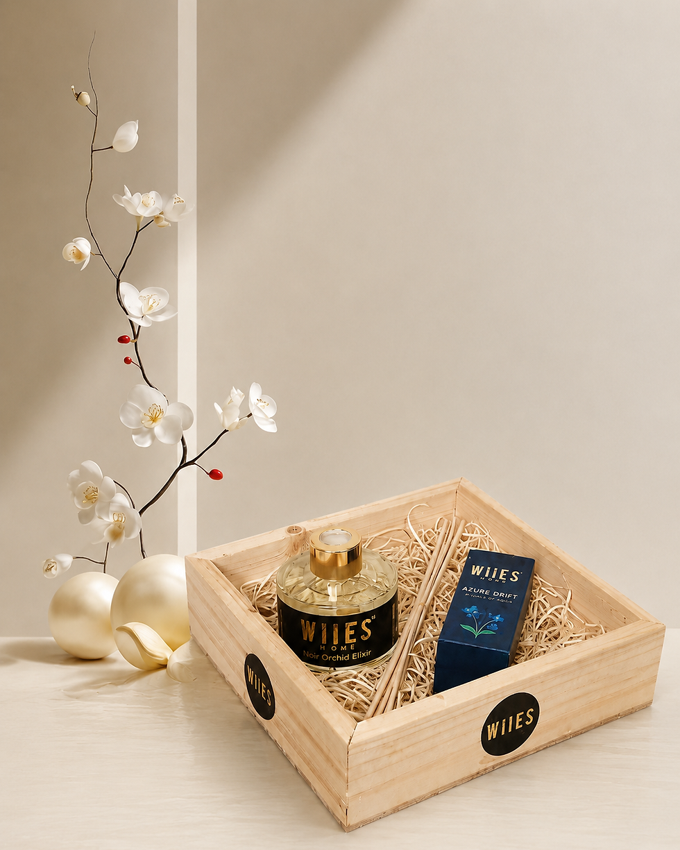 Midnight Ocean premium aroma oil and reed fragrance gift hamper with reed bottle and aroma oil in gift tray