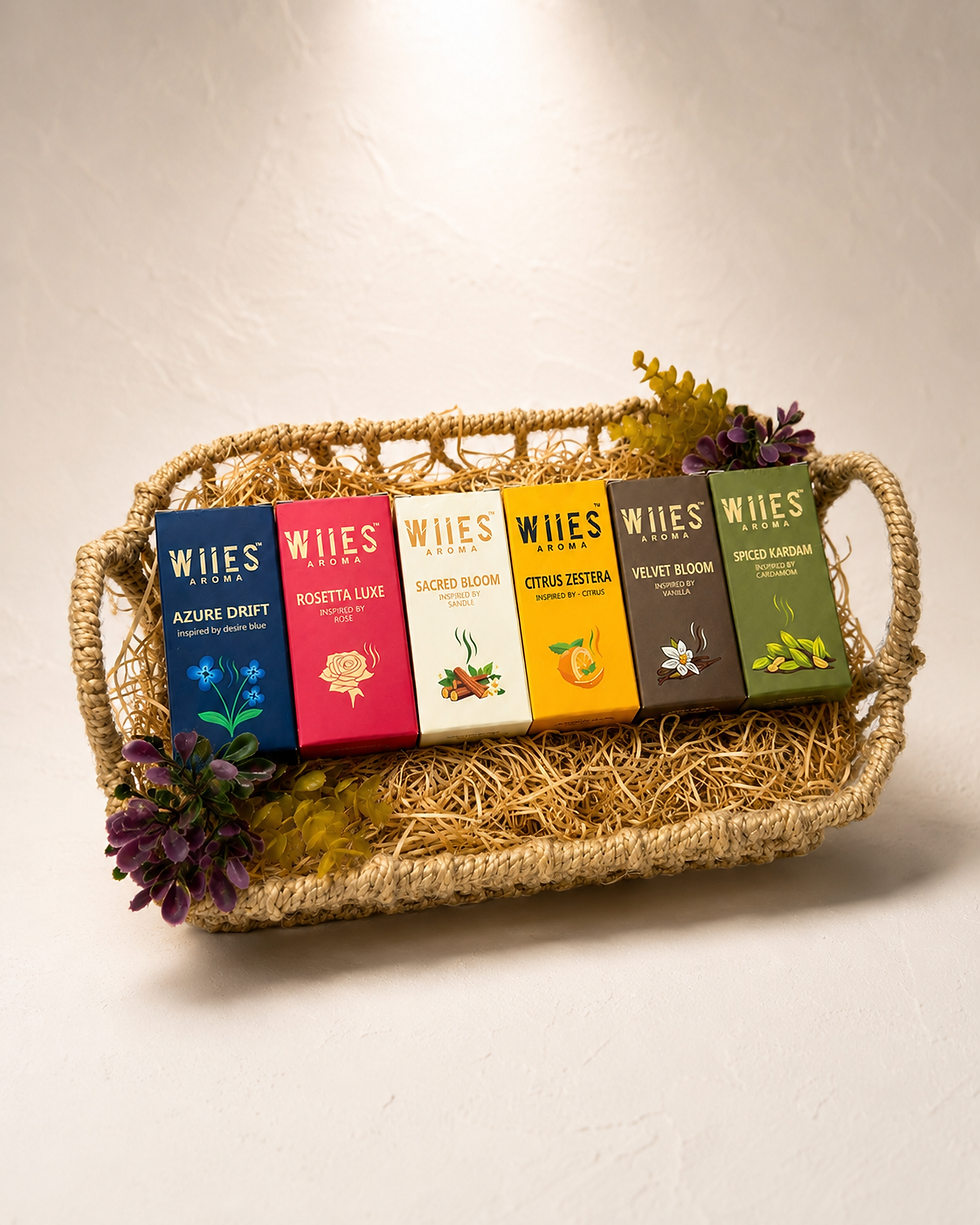 Premium aroma oil gift hamper featuring Azure Drift Rosetta Luxe Sacred Bloom Citrus Zestera Velvet Bloom and Spiced Kardam