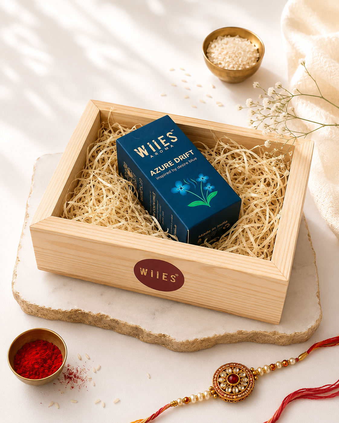 First Bloom Rakhi Gift Hamper | Azure Drift Aroma Oil | Premium Wooden Gift Box