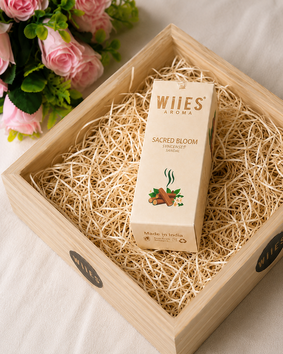 Sacred Bloom sandal inspired aroma oil gift hamper by WIIES Aroma with straw filling